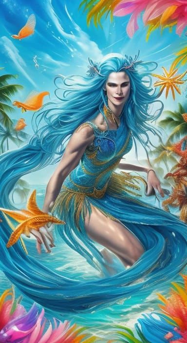 Mermaid Relaxing on a Sunny Tropical Beach at Golden Hour