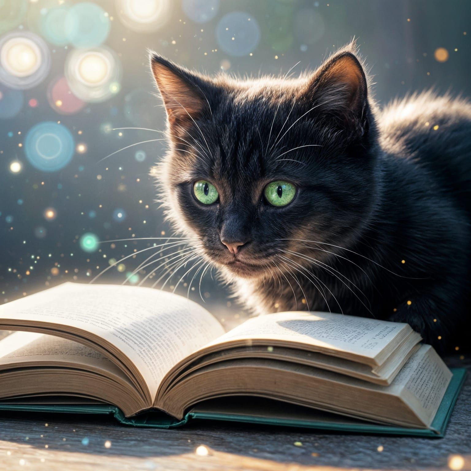 Magical Ethereal Black Kitten Reads Book