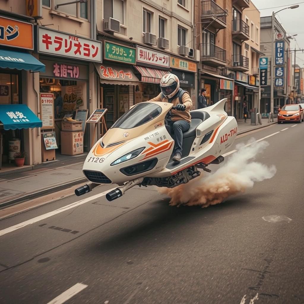 Retro-Futuristic Hovercycle in Neon Cityscape