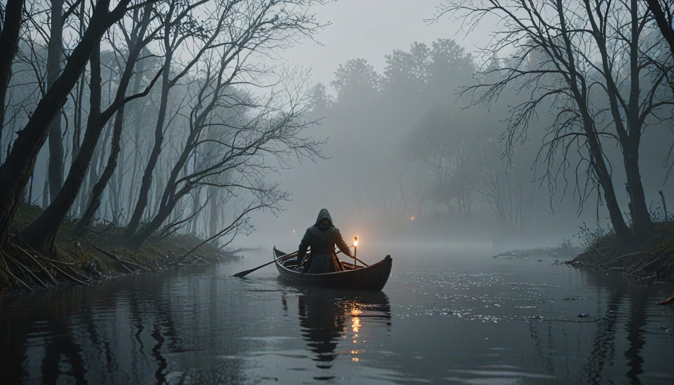 Mystical Boatman Sails Foggy River in Dark Fantasy World