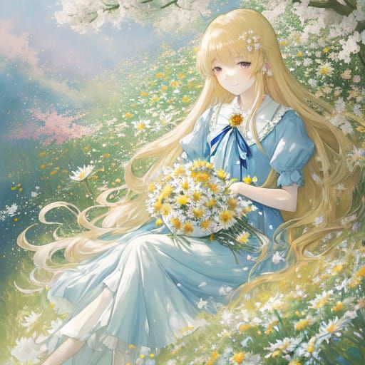 Anime Girl Surrounded by Whimsical Flowers in a Lush Meadow