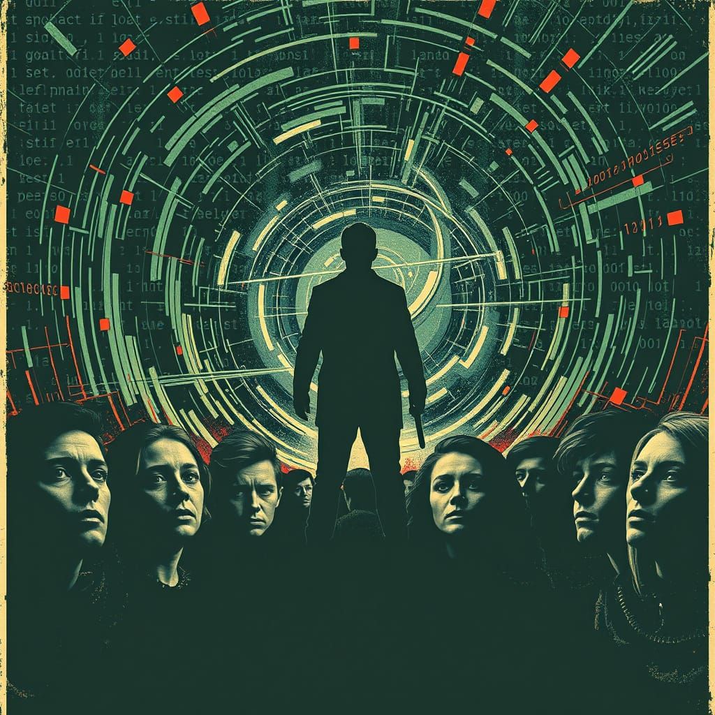 Defiant Figure Resists Digital Manipulation in Dystopian Pos...