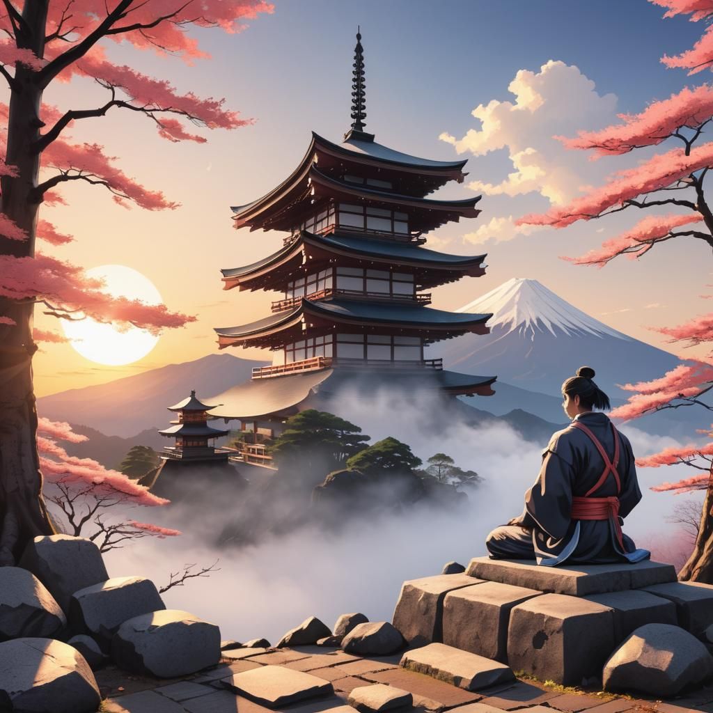 Mount Fuji Sunrise with Samurai in Manga Style