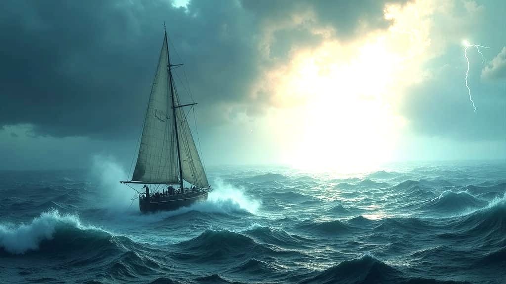 Sailboat Navigates Stormy Sea with Lightning