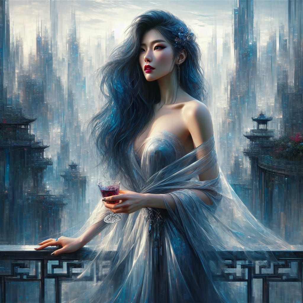 Elegant Woman with Wine in Cyberpunk Utopia