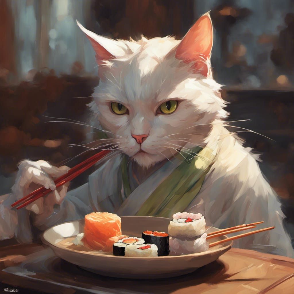 Cat Eating Sushi: Oil Painting Portrait
