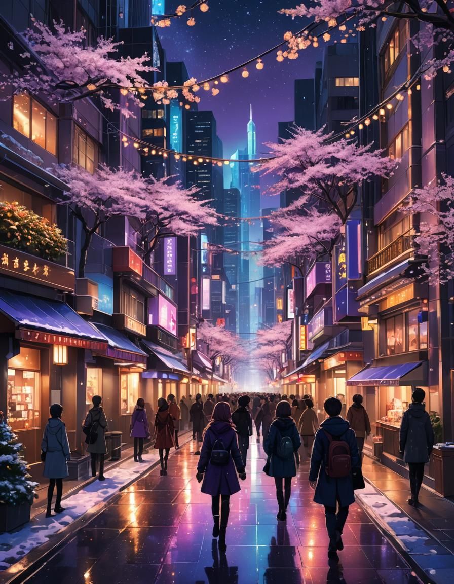 Anime-Style Christmas Cityscape with Neon Lights and Cherry....