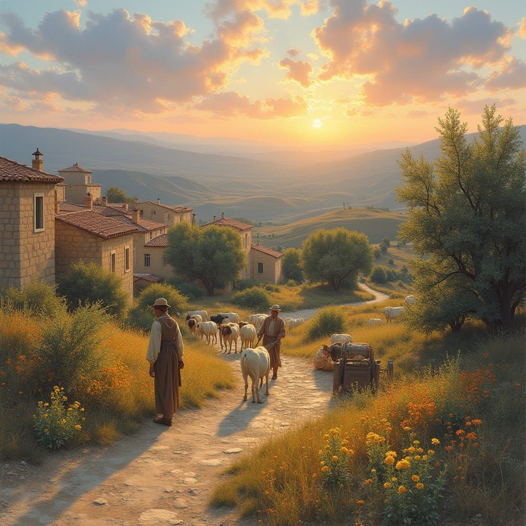 Idyllic Israeli Village at Sunrise in Impressionist Style