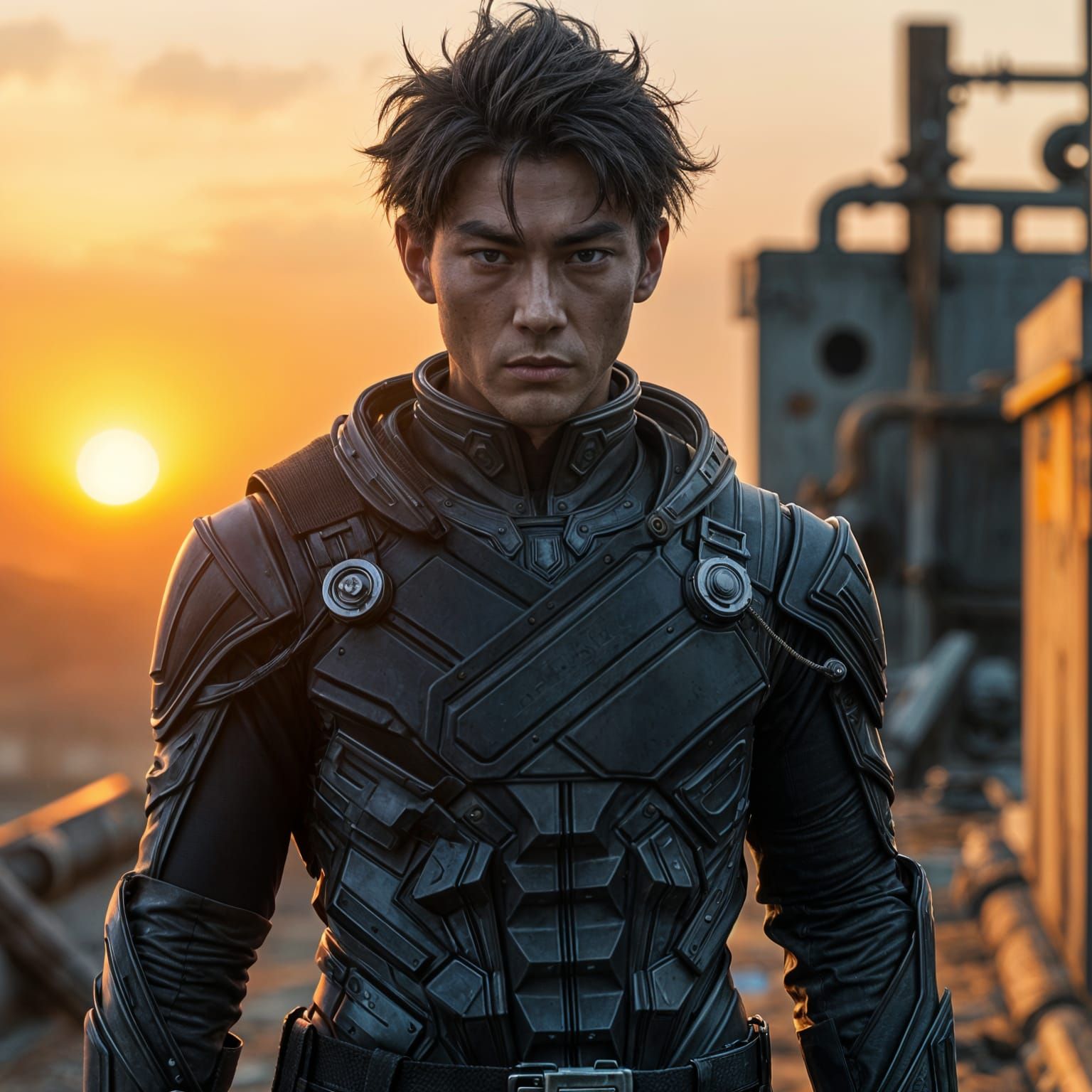 Cyberpunk Ninja Hero in Sunset Splendor