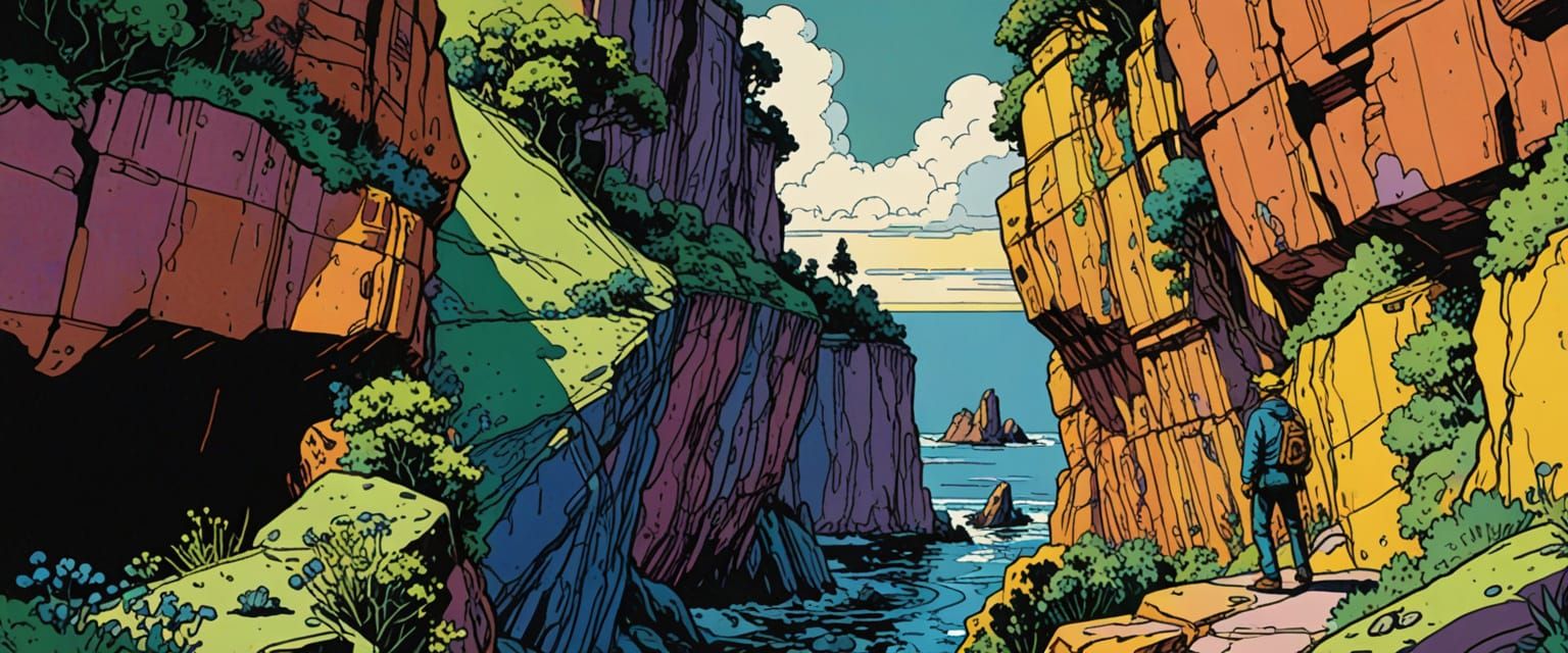 Man on Cliff Overlooking Sea in Comic Book Style