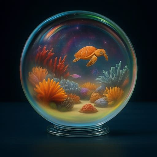 Hyperrealistic Glass Sphere with Coral Reef Ecosystem