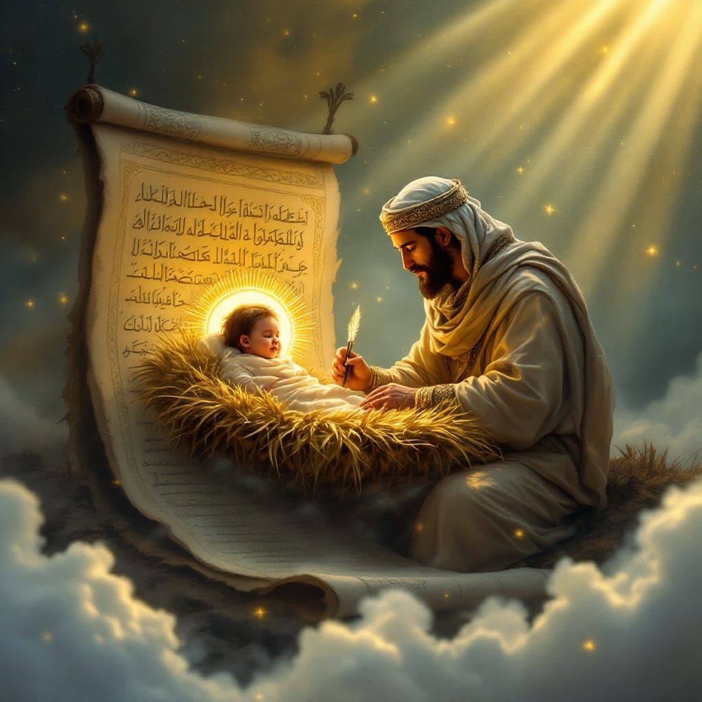 Baby Jesus in Illuminated Medieval Scroll