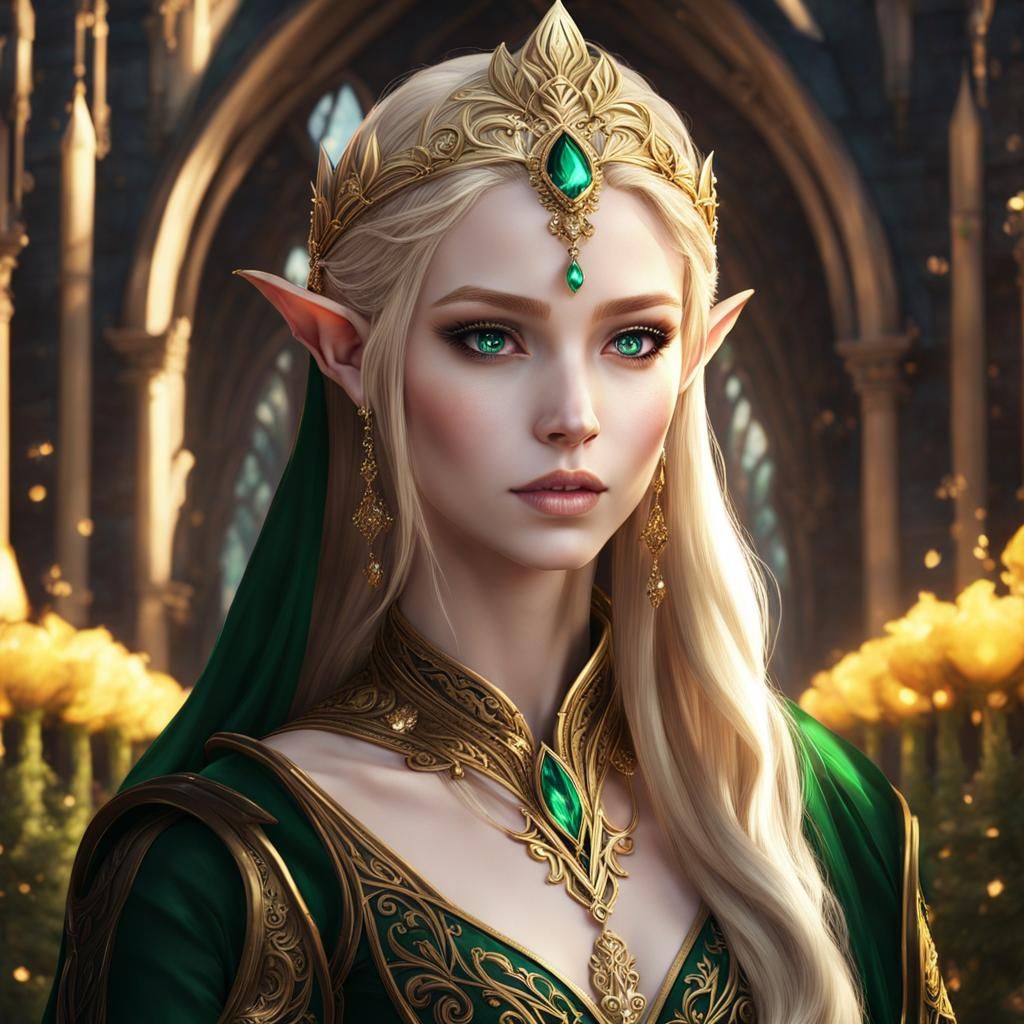 "Trending On Artstation, ELF Female, Pale Skin, Wide Bright Eyes, Fantasy ELF Ears Long Blonde Hair, Thin Lips, Dark Gol...