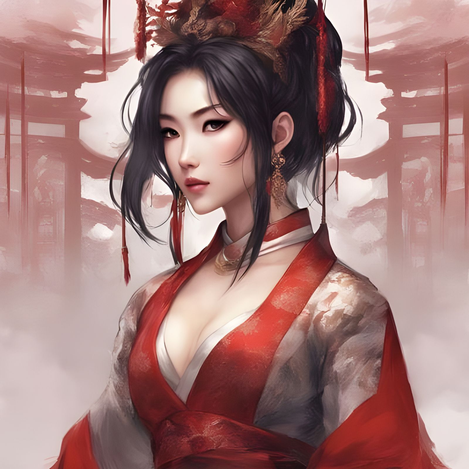 Beautiful Asian Woman in Red Lingerie, Royo Style