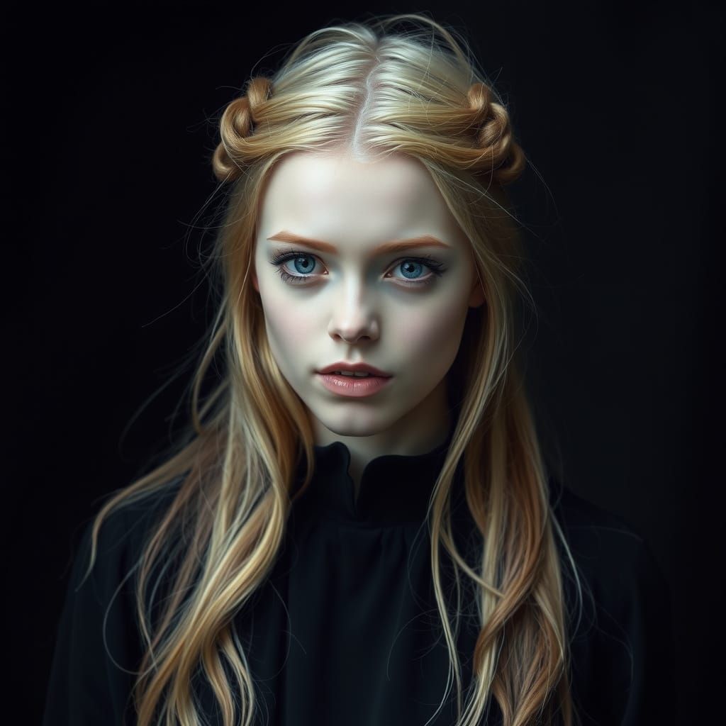 Pale Woman with Fangs in Dark Medieval Portrait