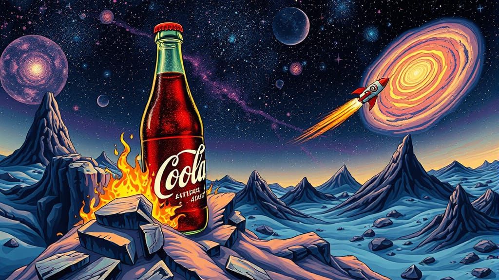 Cola Bottle on Alien Planet in Psychedelic Funk Art
