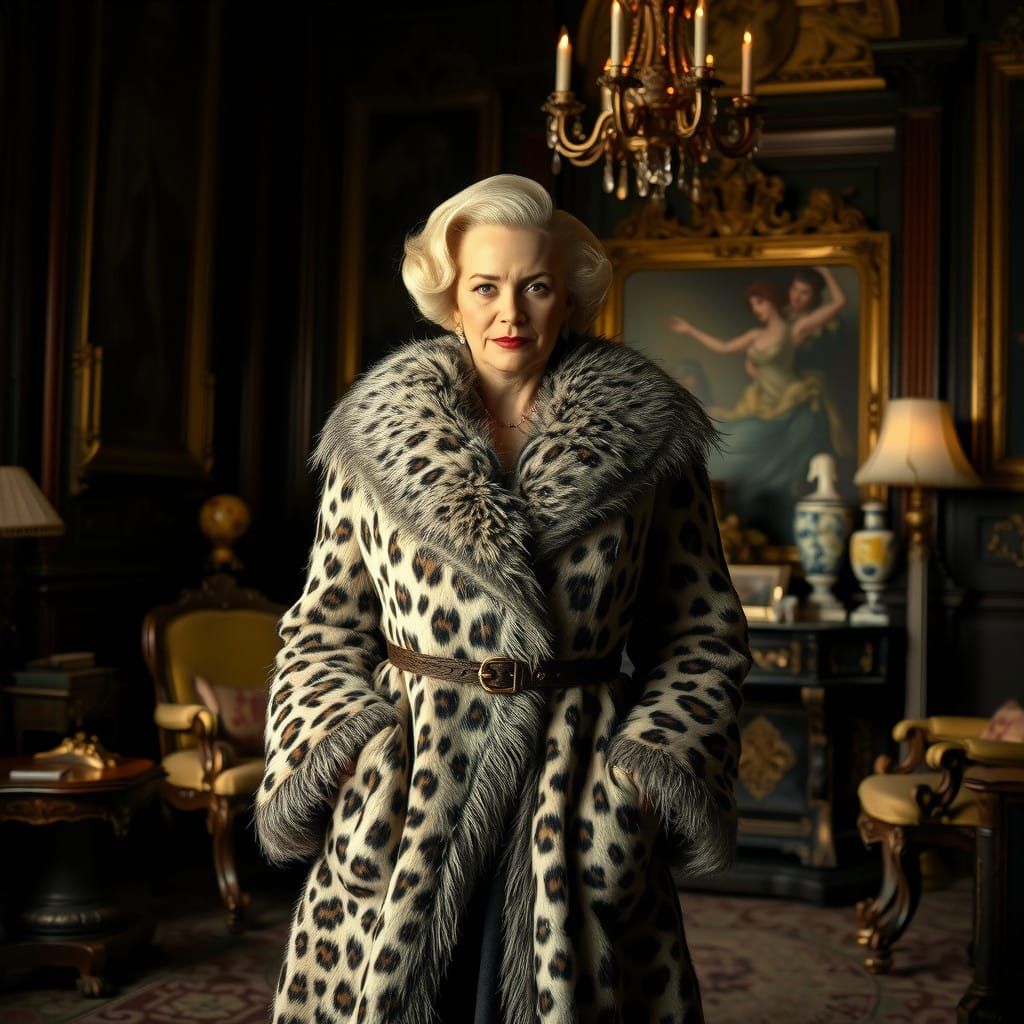 Glamorous Cruella de Vil in Opulent, Gothic Study