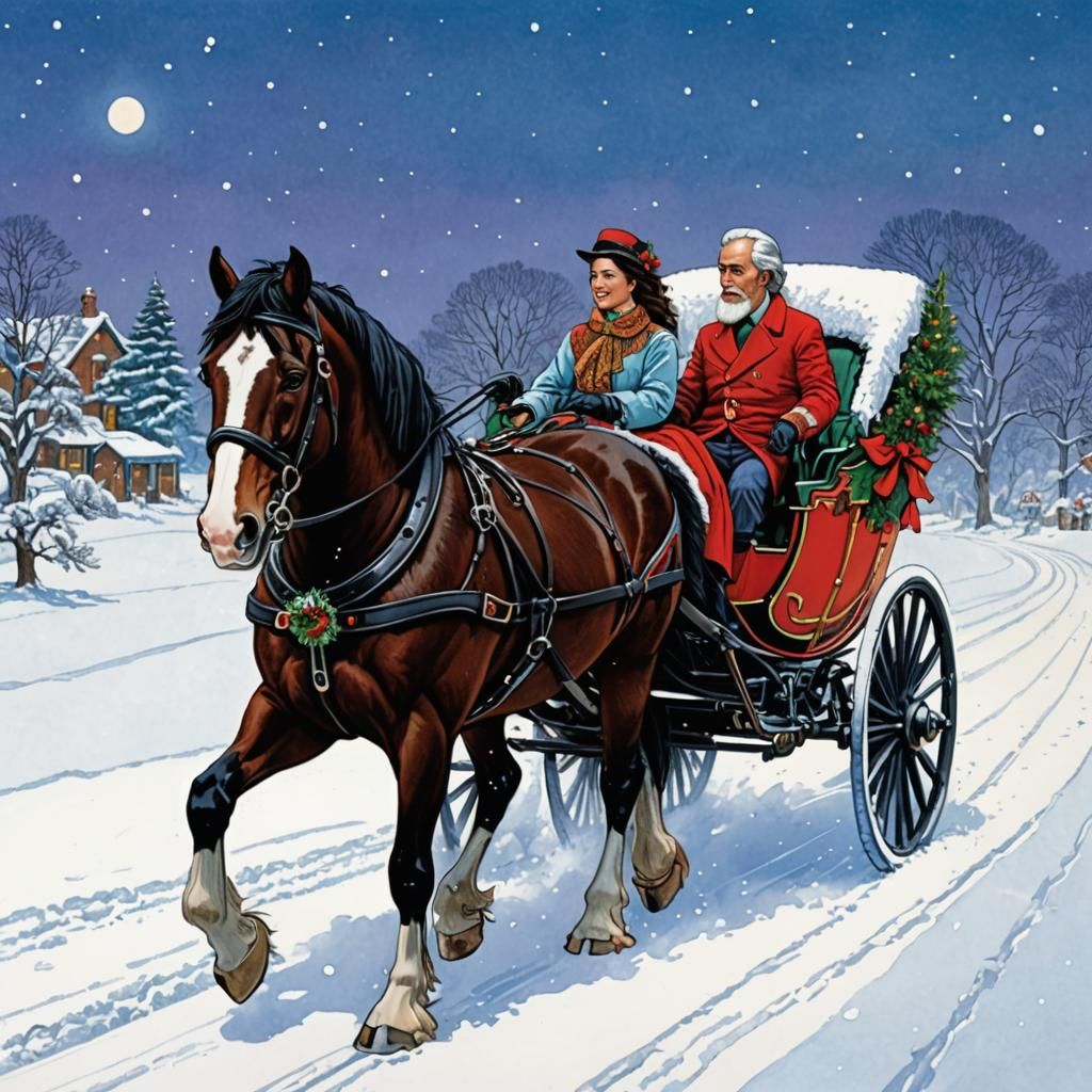 Festive Christmas Carriage Ride in Comic Art Style