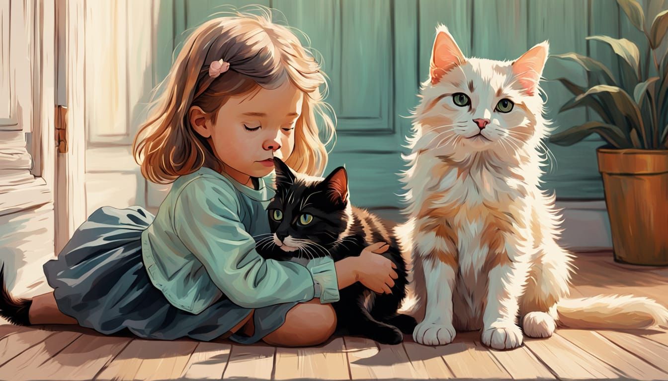 Girl with Puppy and Cat in Whimsical Van Gogh Style