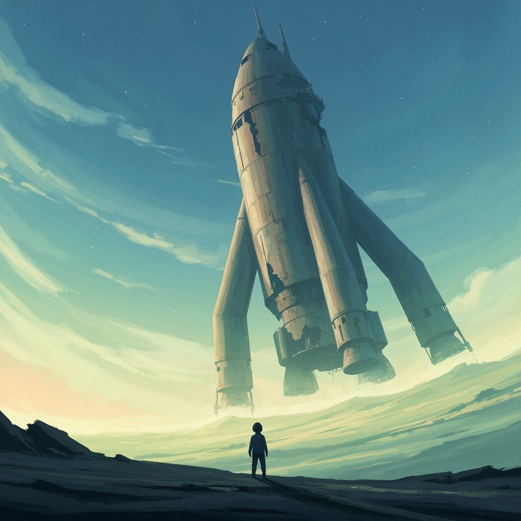 Child Astronaut on Alien Planet with Decaying Rocket