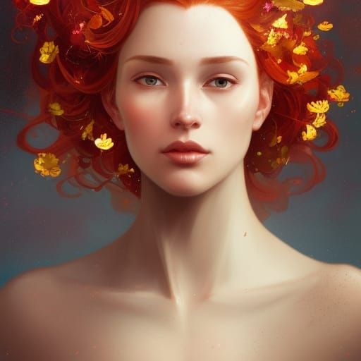 Red-Haired Queen with Golden Flowers, Detailed Portrait