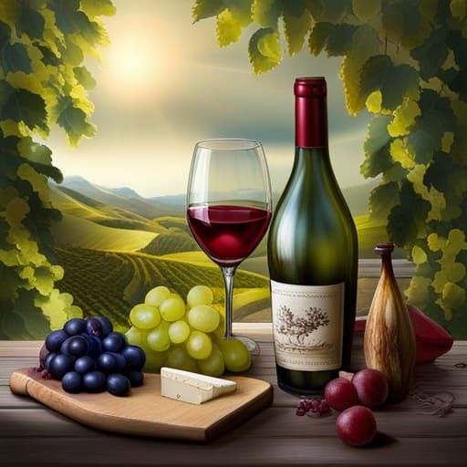 Wine, Grapes, and Cheese: A Detailed Winery Scene