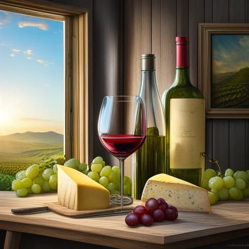 Wine and Cheese Still Life in Detailed Realism
