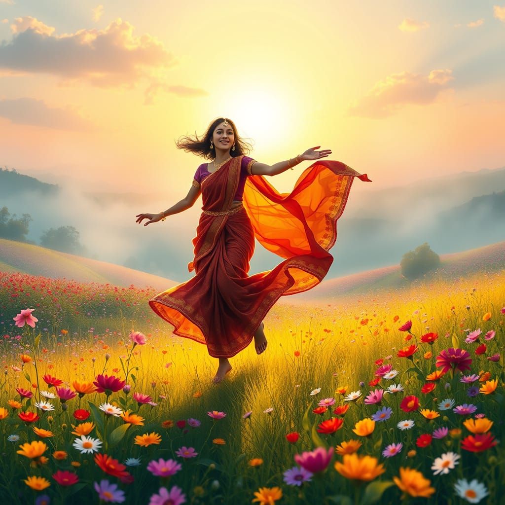 Joyful Woman in Flower Meadow at Sunrise