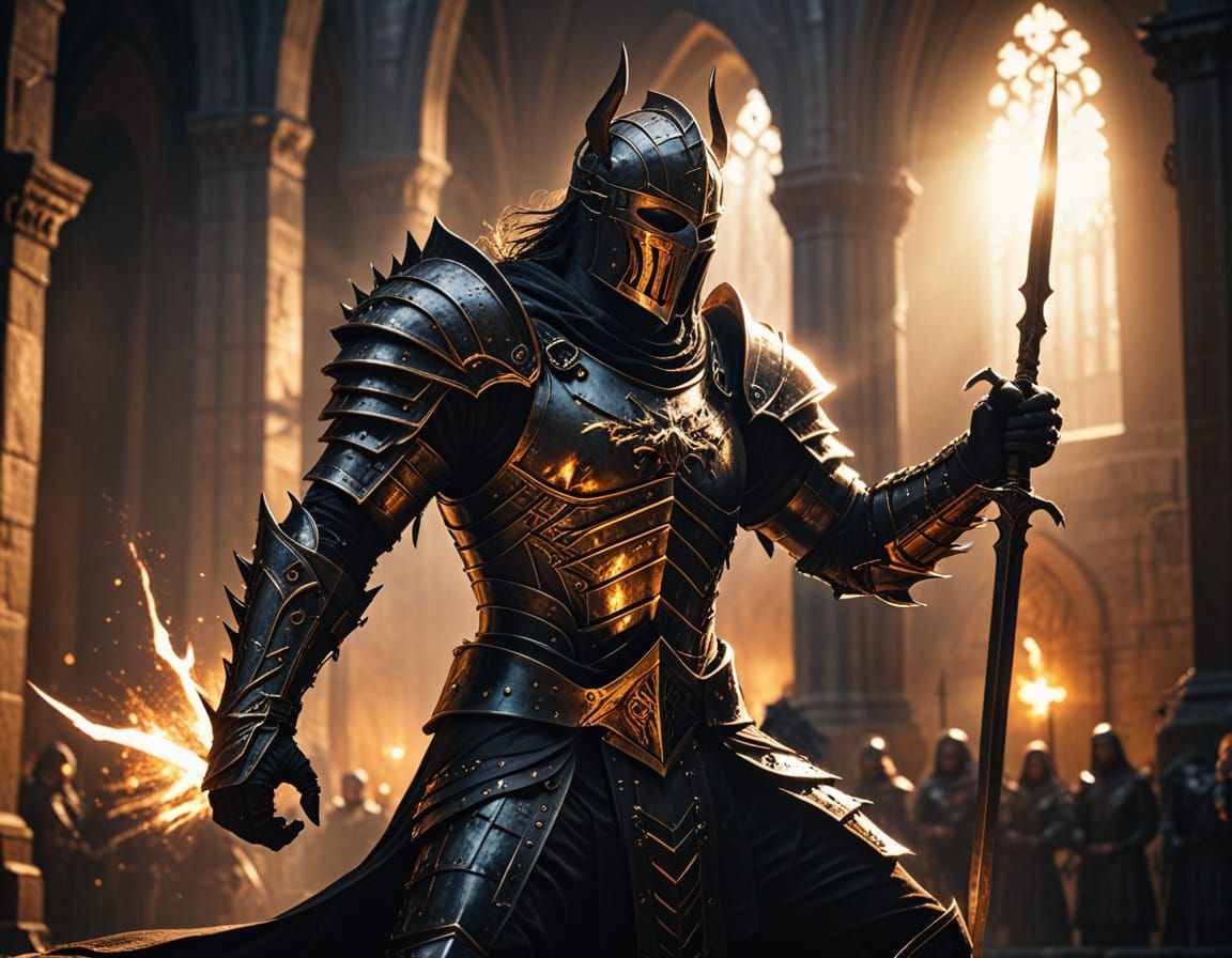 Warrior Battles Darkness in Gothic Cathedral