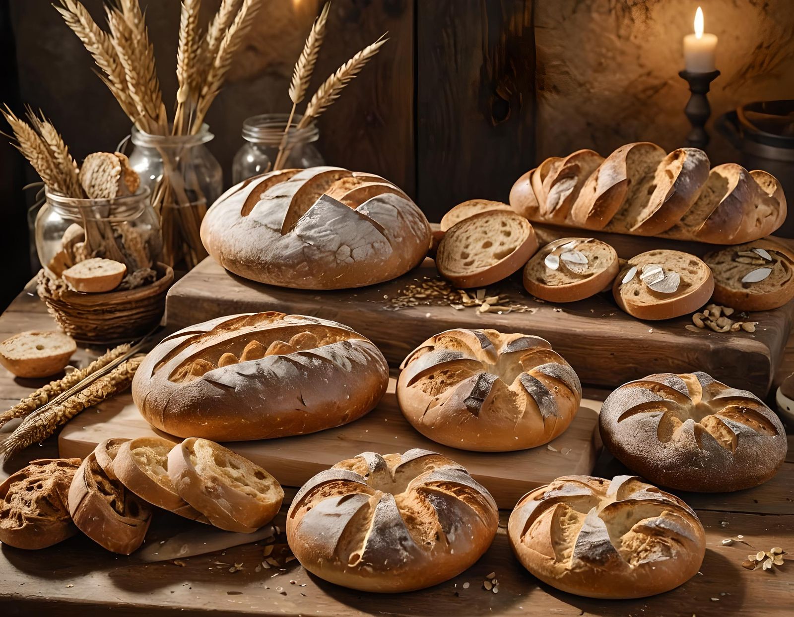Artisan Bread Arrangement in Rustic Bakery