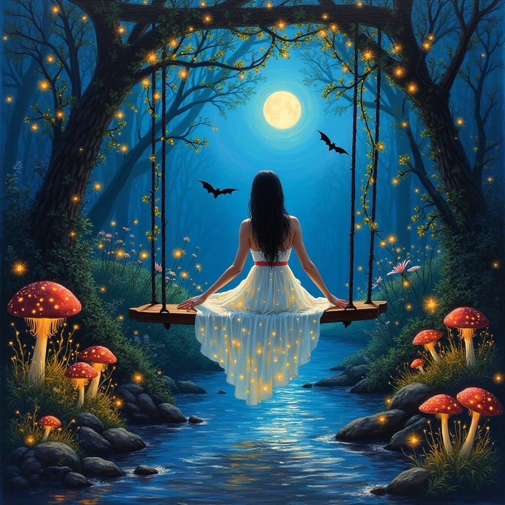 Neo-impressionism expressionist style oil painting. A woman with a long white flowy dress with bioluminescent designs si...