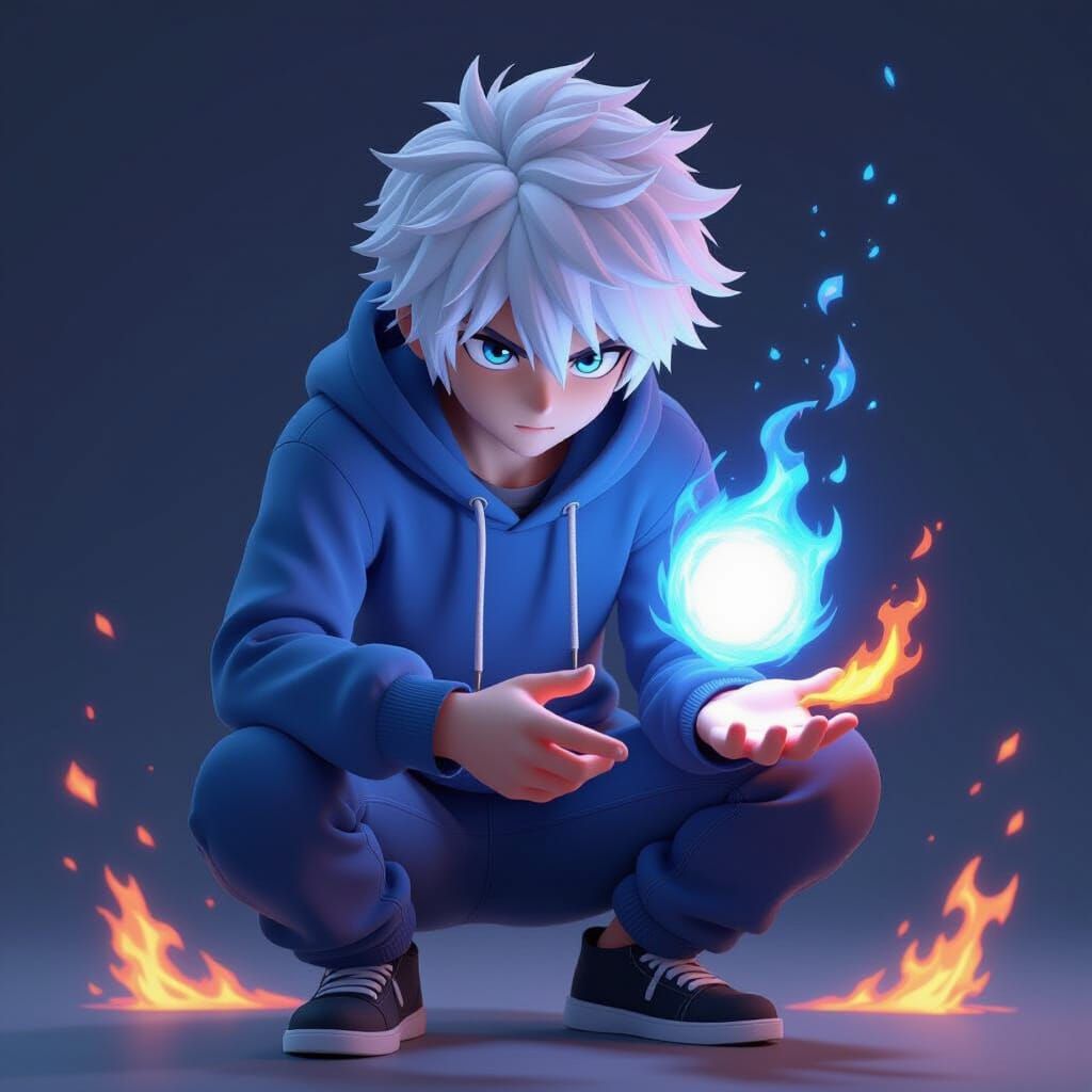 Anime Mage Juggles Blue Fireball in 3D Style