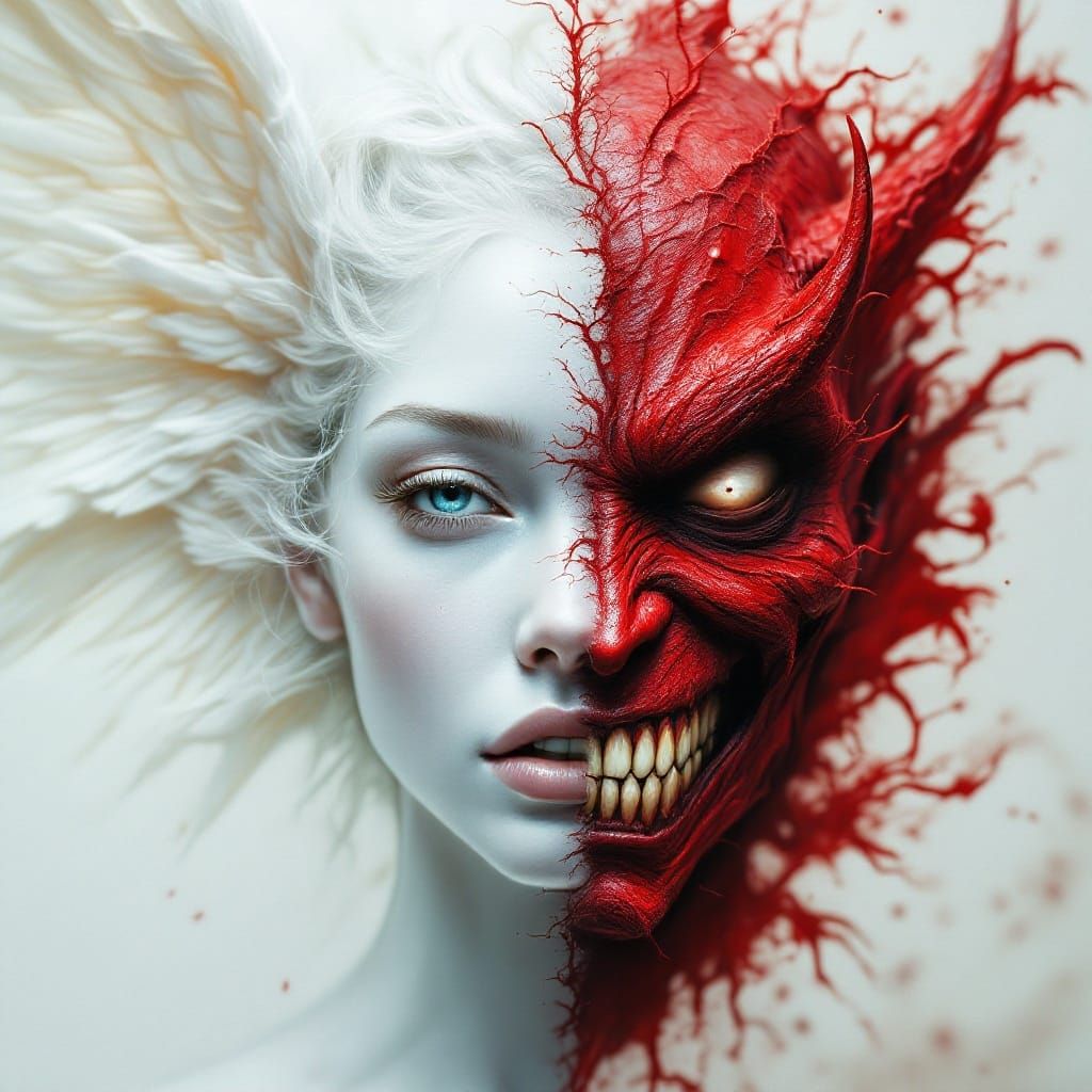 portrait collage of two different scenes. The  left shows [angel face and white wing]. The right features [a devils red ...