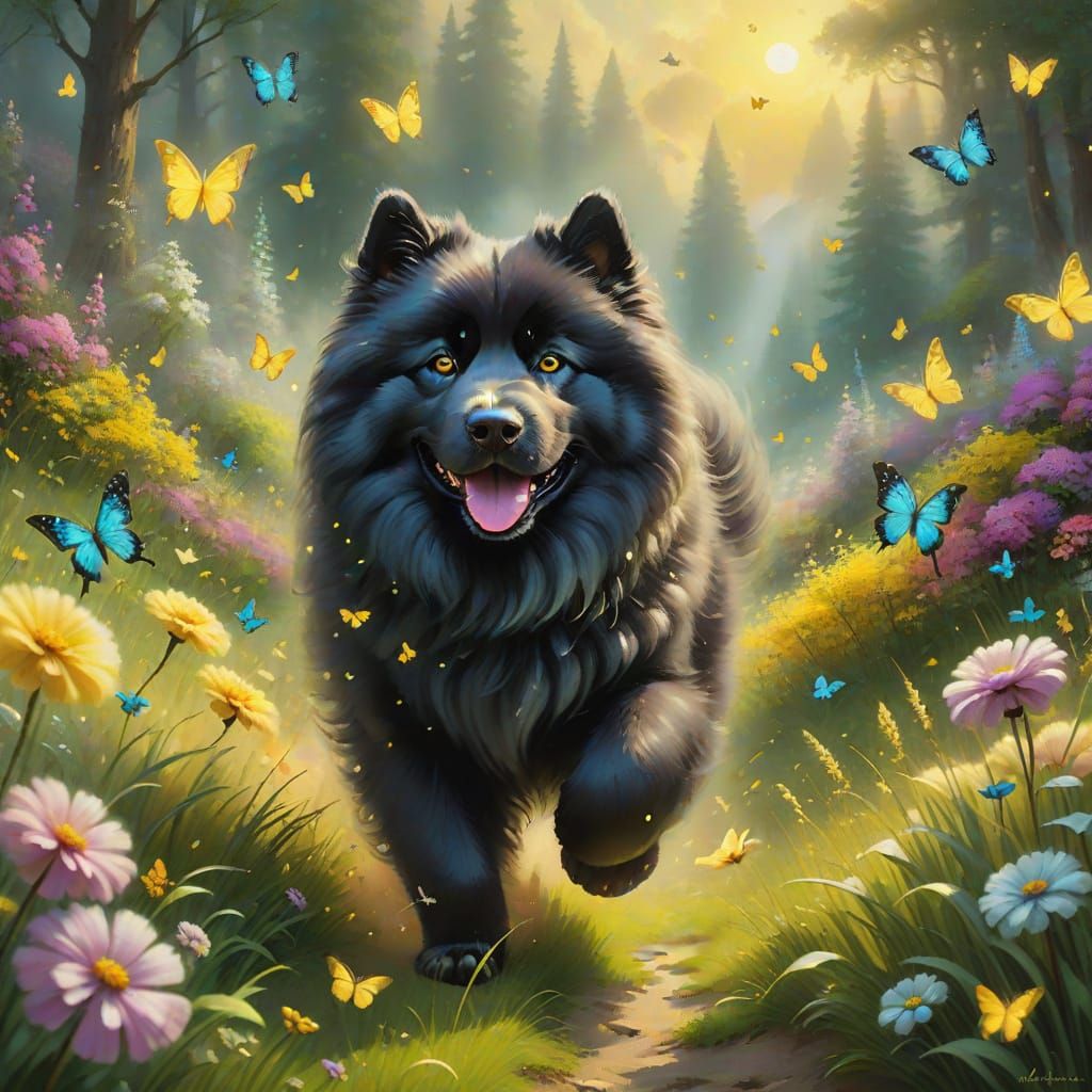 Ethereal Black Samoyed Chases Butterflies in Dreamy Garden