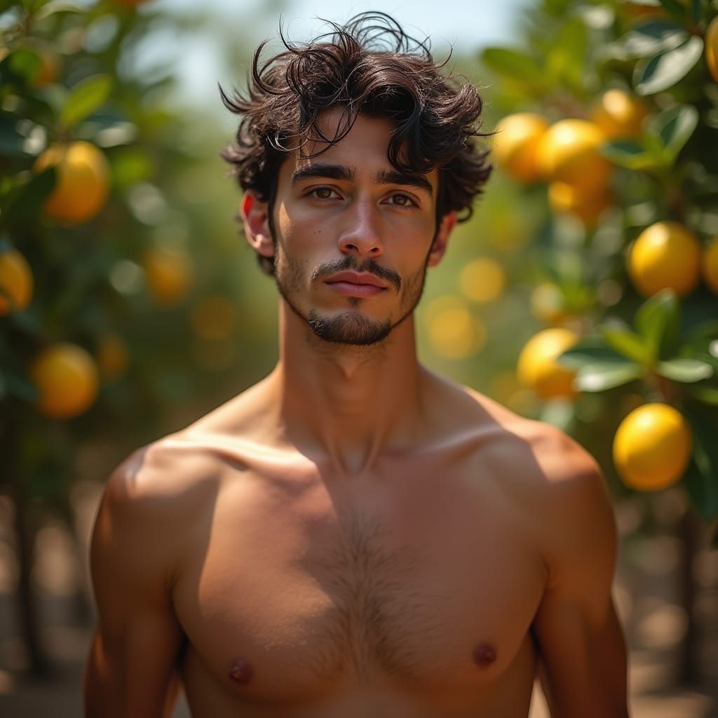 Young Sicilian Man in Lemon Grove, Photorealistic Portrait