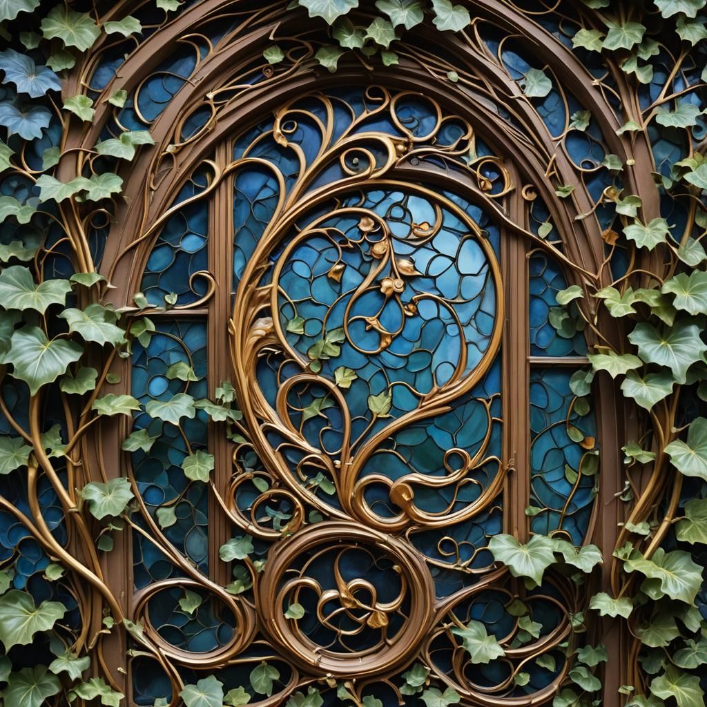 Art Nouveau Window with Vines in Mucha Style