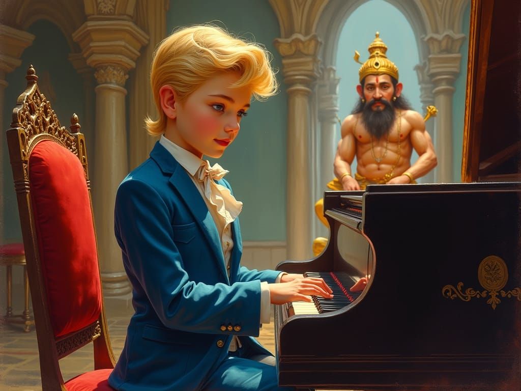 Boy Playing Piano Watched by Hanuman in Pin-Up Style