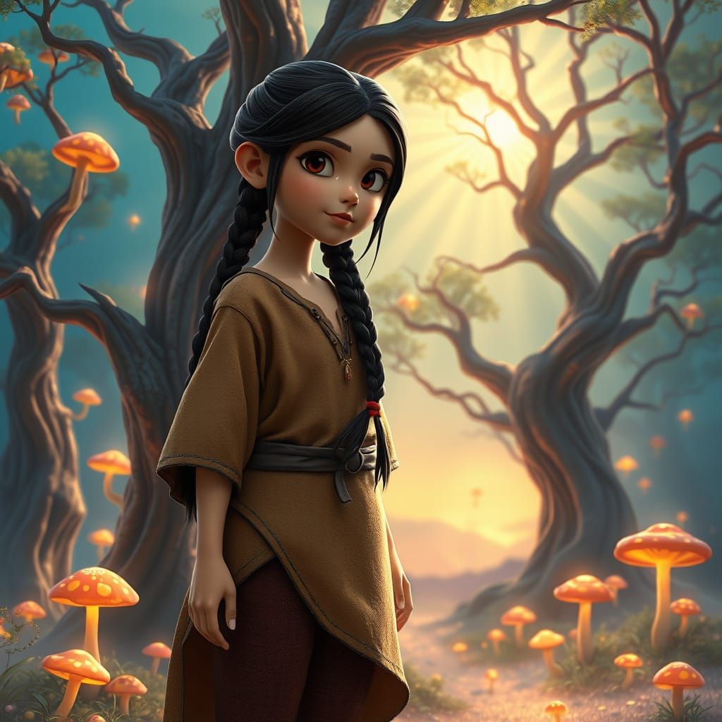 Whimsical Woodland Girl in Earthy, Dreamlike Setting