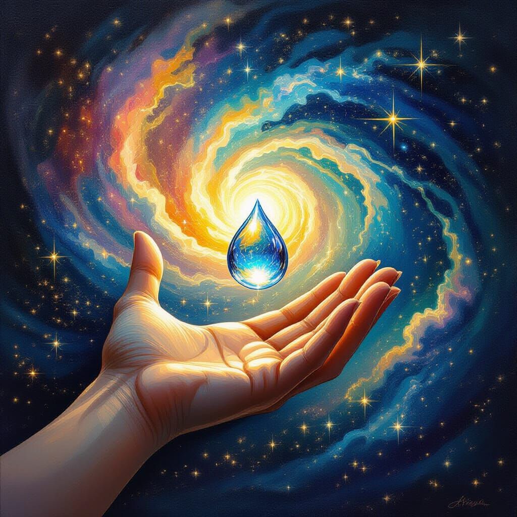 Divine Hand Holds Universe with Tear Drop, Cosmic Art