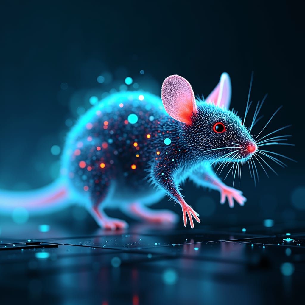 Cybernetic Mouse Navigating a Digital Nightscape