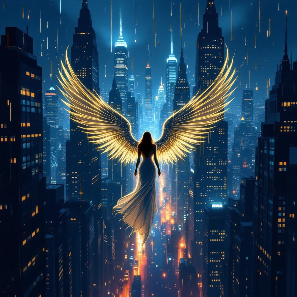Angel Descends on Neon Metropolis in Digital Painting Style
