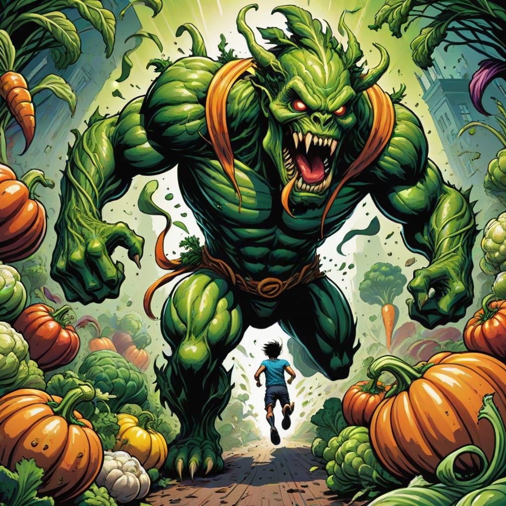 Vegetable Monster Chase in Comic Book Art