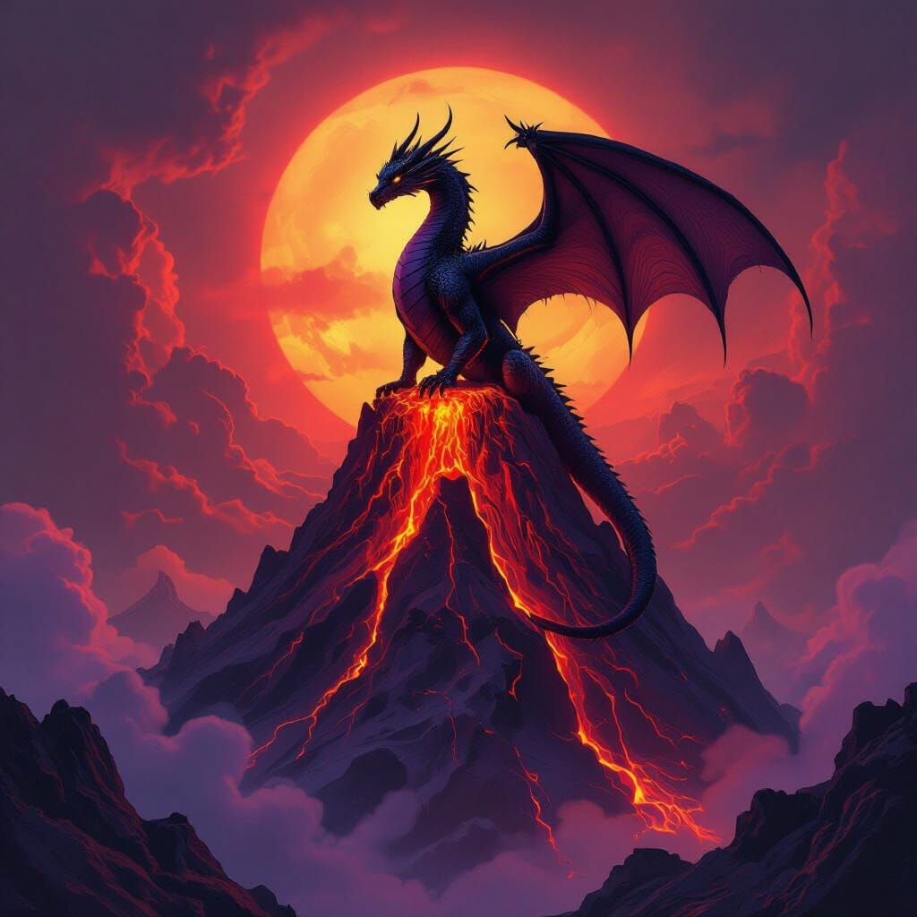 Black and Purple Dragon on Fiery Volcano
