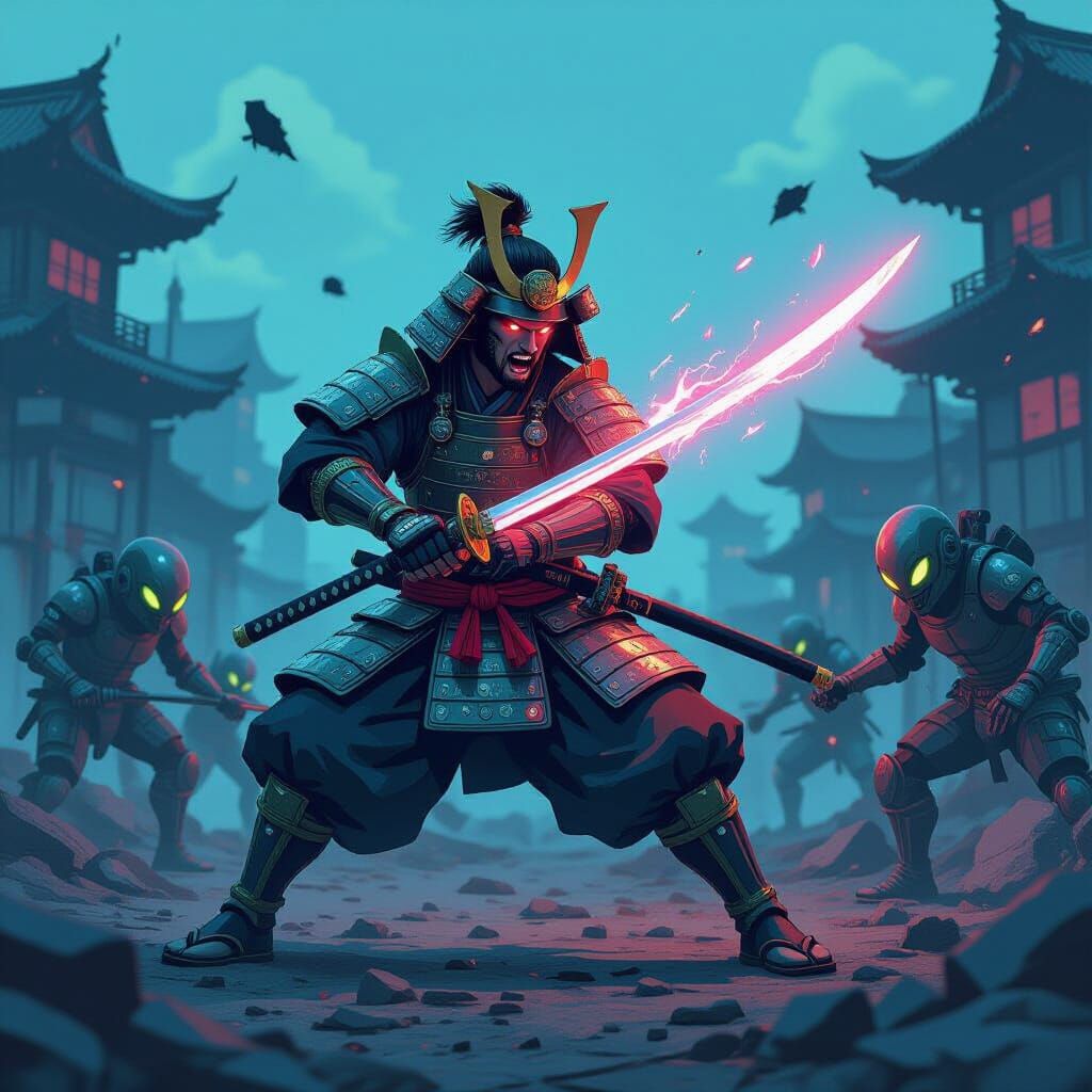 Samurai Slaying Aliens in Ruined World: Pop Art Style