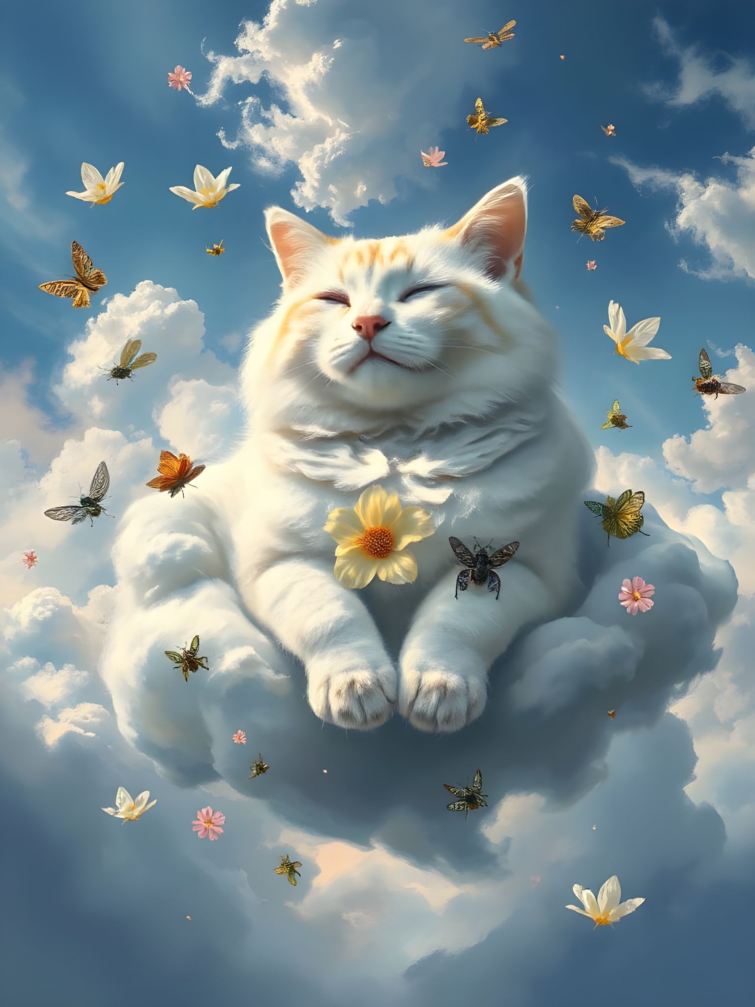 Surreal Cloud Cat Amidst Blooming Flowers in a Melting Lands...
