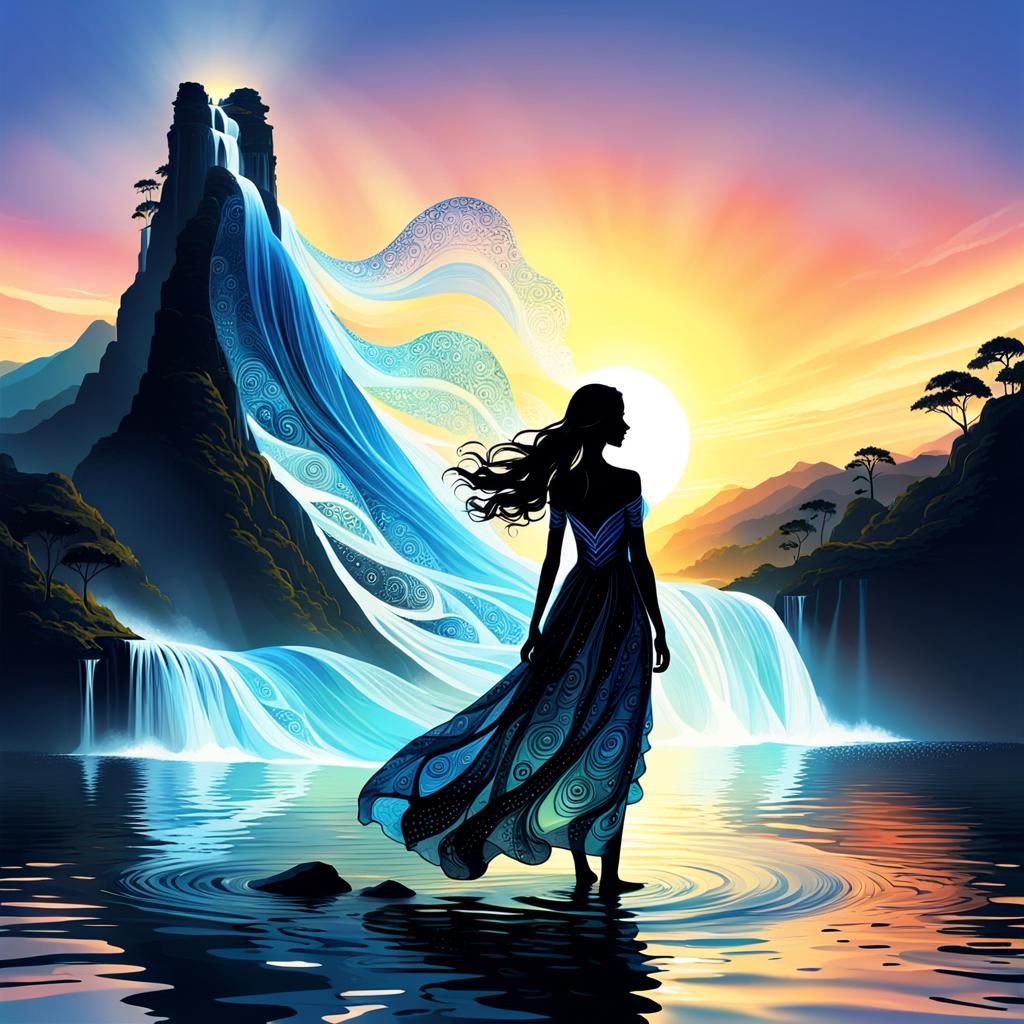 Woman in Luminous Dress at Sunset Waterfall