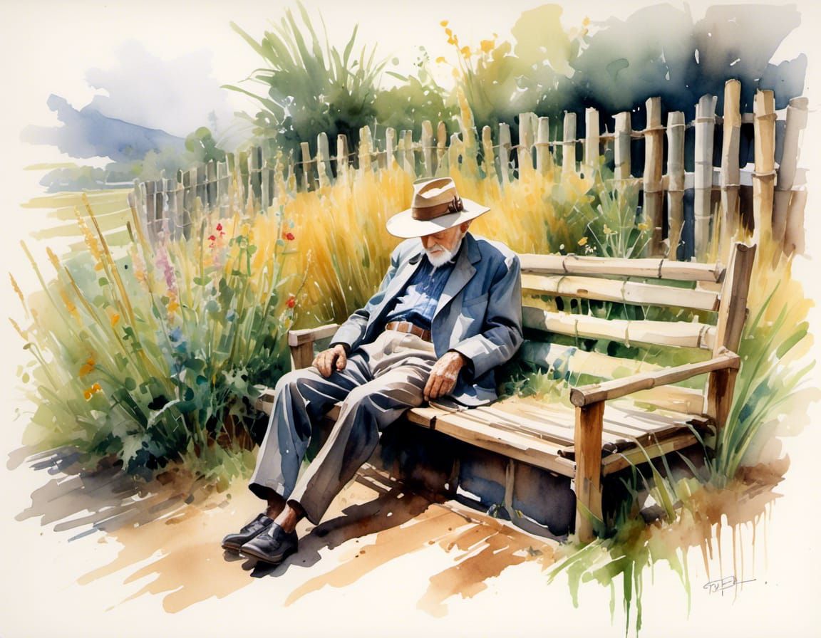 Impressionistic Watercolour of Old Man Sleeping