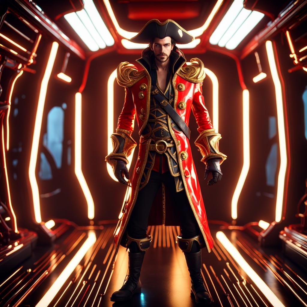 Captain Hook in red and glowing gold TRON inspired outfit. On digital Pirate ship. body out of frame Unreal Engine 5 8K ...
