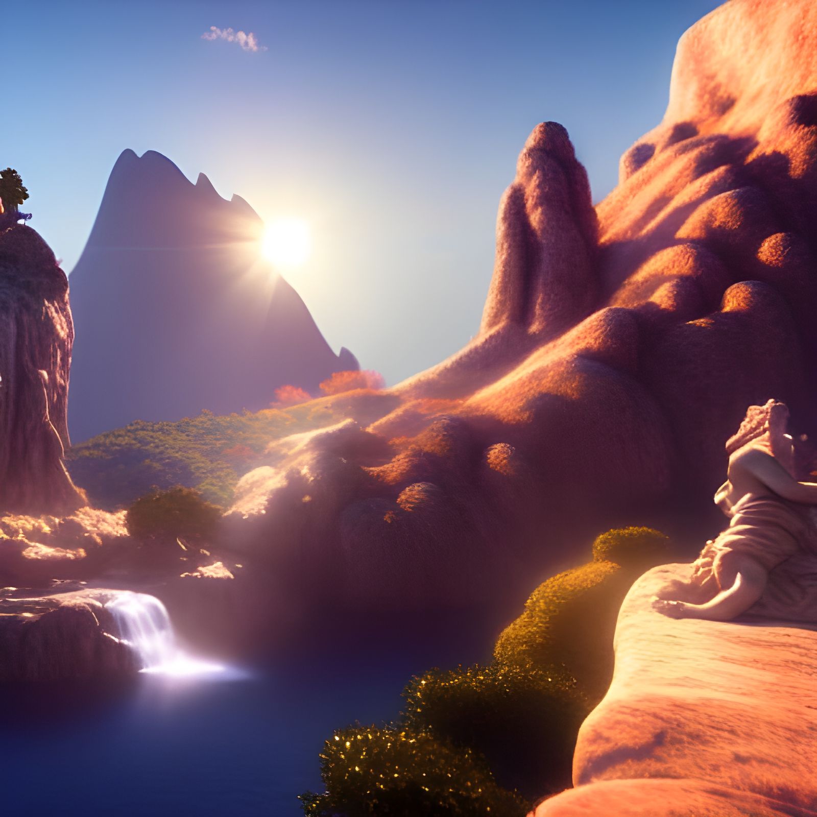 Whimsical Fantasy Cloud Landscape with Greek Statues