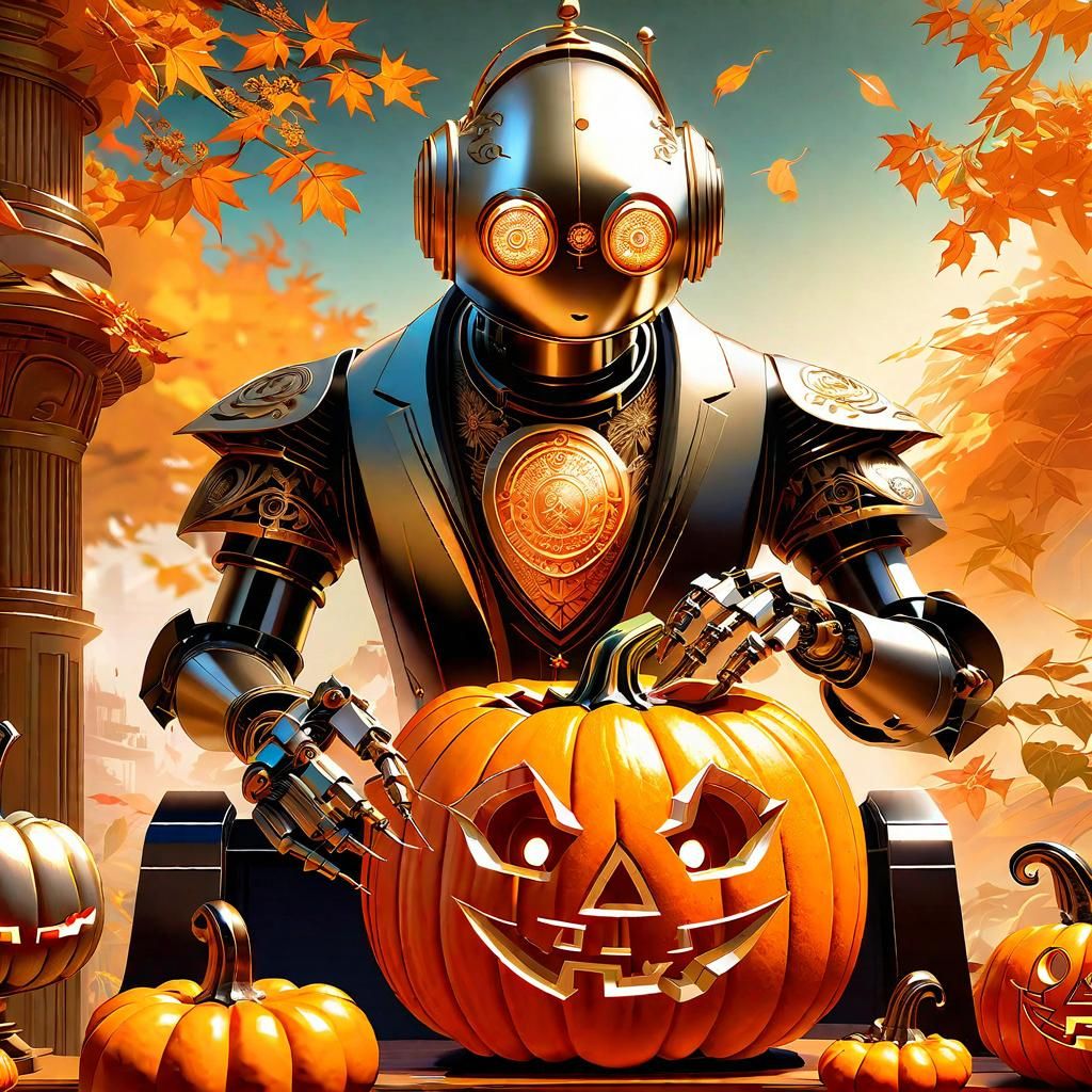 Robot Butler Carving Pumpkins: Digital Portrait
